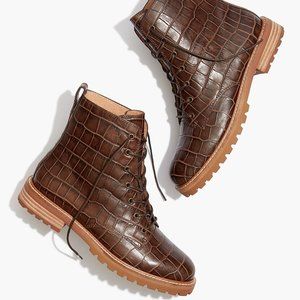 NWOT - Madewell Clair Lace-Up Croc Leather  Boot - Size 7.5